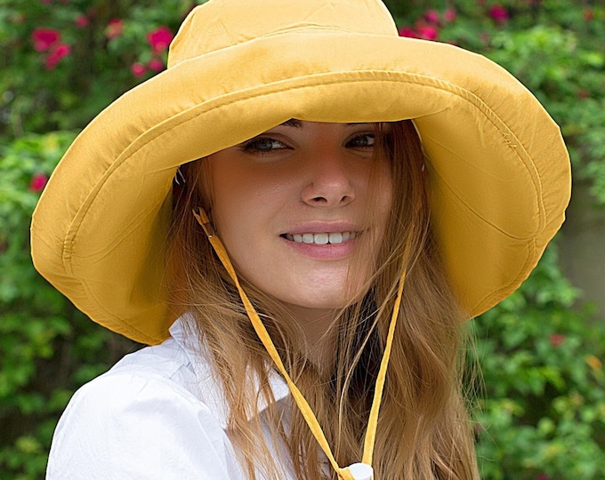Adjustable Size Womens to Fit All Heads Soft Brim Floppy Extra Wide Brimmed Bucket Hat for Women All Season Foldable Hat for Ladies Yellow