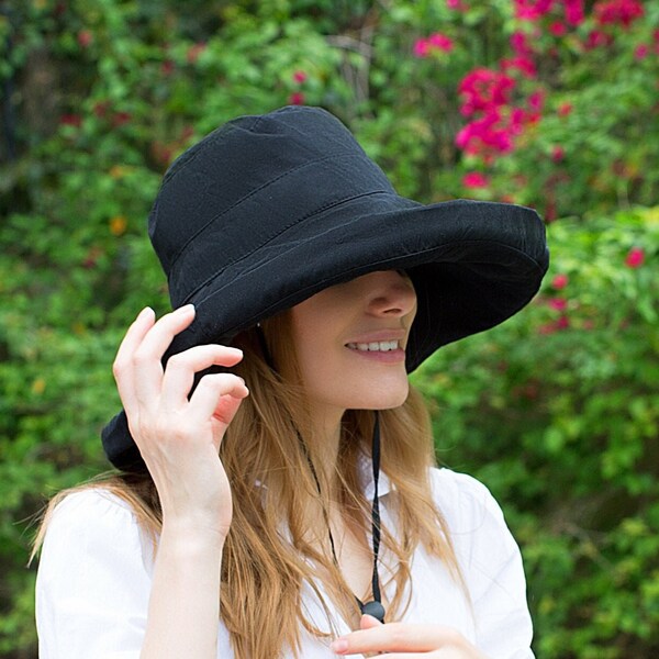 Wide Brim Women Hat, Black Church Formal Ladies Hats, Summer Spring Fall Bucket Floppy Hat, Trendy Boho Packable Dressy Elegant Best Gift