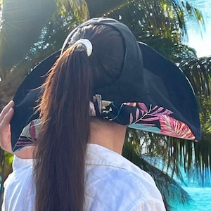 Wide Brim Visor Sun Hat Ponytail, Sunhats Women Cotton Sun Hat Popular Now Botanical Print Crownless Open Top Hat Lightweight Breathable Hat
