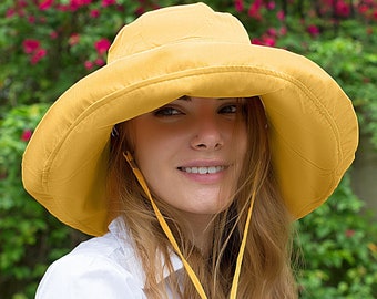 Adjustable Size Womens to Fit All Heads Soft Brim Floppy Extra Wide Brimmed Bucket Hat for Women All Season Foldable Hat for Ladies Yellow