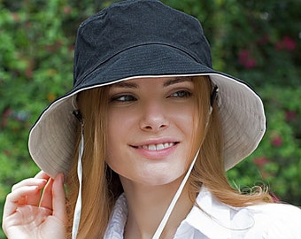 Sun Hat Wide Brim Hat Cotton Bucket Hat with Chin Strap Panama Sunhats Packable Summer Vacation Hiking Hat Best Gift For Her