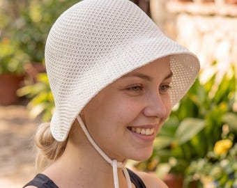 Wide Brim Spring Summer Breathable Cotton Straw Bonnet with UV Protection Treated, Bucket Hat with Ties, Stylish Summer Hat, Gift for Her