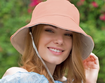 100% Cotton Bucket Hat with Strings - Packable Sun Protection for Women Pink, Best Gift