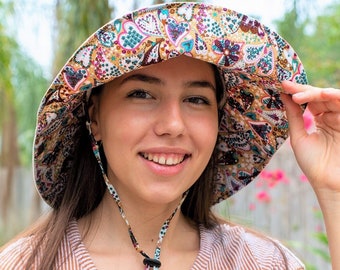 Wide Brim Sun Hat, Gardening Hat for Women, Chin Strap Hat, Floral Hat Ladies, Reversible Packable Summer Colorful Panama Hat