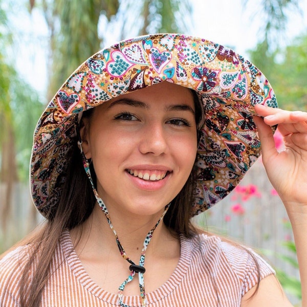 Wide Brim Sun Hat, Gardening Hat for Women, Chin Strap Hat, Floral Hat Ladies, Reversible Packable Summer Colorful Panama Hat