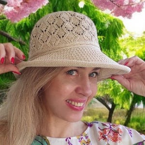 Women&#39;s Elegant Summer Crocketed Cotton Bucket Hat with Delicate Flower Décor on Side, Lace Summer Hat, Gift for Her