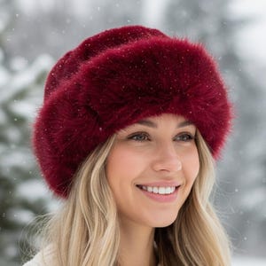 Fluffy Bucket Hat Warm Cossack Style Hat - Winter Wine Red Faux Fur Hat for Women Girls Ladies Fuzzy Furry Hat