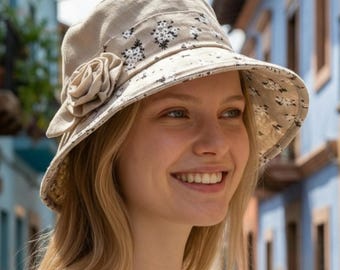 Womens Spring Summer Adjustable Bucket Cloche Flower Hat Foldable Breathable Gift for Her