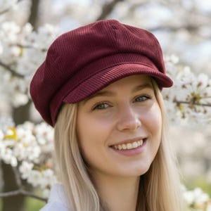 Maroon Corduroy Hat Newsboy Cap Womens, Baker Boy Hat Cotton Retro Style 8 Panel Cap