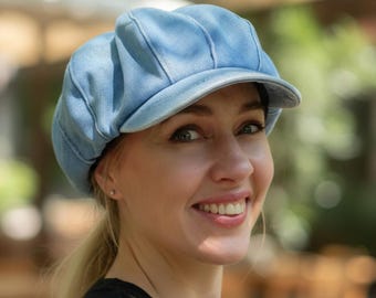 Oversized Denim Newsboy Cap for Women, Korean Style Retro Hat with Lining, Adjustable Size 55–59 cm Vintage Oversize Jean Hat for Teen Girls