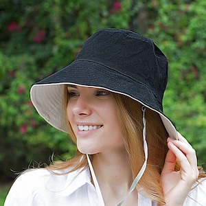 Cotton Bucket Hat, Panama Casual Everyday Sun Protection Packable Summer Vacation Sunhat One Size with Chin Strap Best Gift For Women, Black