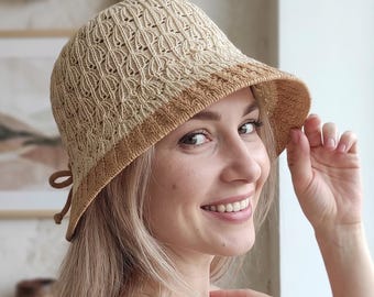 Spring Summer Basic Daily Bucket Hat, Breathable Cotton Straw Summer Bucket Hat with Ponytail Slit, Contrast Trim Daily Bucket Hat