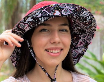 Spring Summer Hats Women Floral Sun Hat Womens Beach Garden Pool Packable 4.5" Wide Brim Chin Strap Cotton Floppy Sunhat for Women