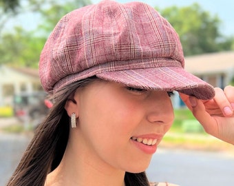 Summer Newsboy Hat Womens Baker Boy Cap Red Cotton Newsboy Cap Plaid Retro Hat, Octagonal Caps, Newsboy Style Hat, Womens Gift