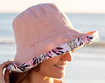 Wide Brim 5" Sun Hat Women Bucket Floppy 100% Cotton Baby Pink Floral Hat Wide Brimmed Sunhat Elegant Vacation Honeymoon Gift for Her