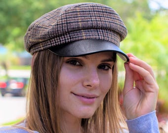 Newsboy Hat for Women, Plaid Gray Newsboy Cap, Greek Sailor Cap, Fiddler Hat, Conductor Hat, Retro 1950s Paperboy Cabbie Hat, Gift for Her