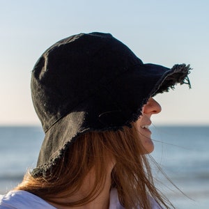 Black Bucket Hat Women Summer Canvas Hats, Sunhat Womens Packable Beach Hat 100% Cotton Best Gift for Her