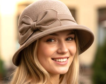 Vintage Style Cloche Hats Elegant Winter Wool Bucket Hat with Felt Bow for Women