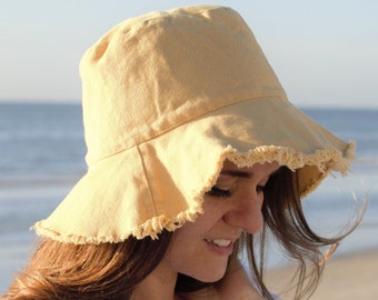 Sun Protection Distressed Bucket Hat, Canvas Hat Women, Frayed 100% Washed Cotton Wide Brim Bucket Hat, Sunhat Beach Hats Womens Foldable