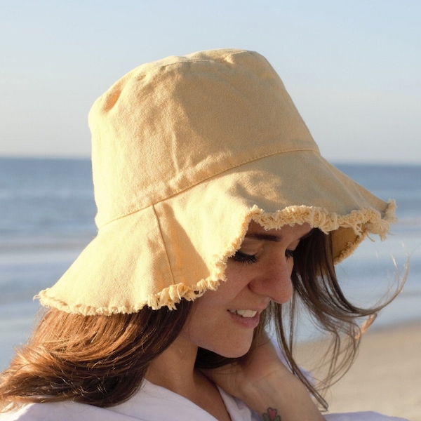 Sun Protection Distressed Bucket Hat, Canvas Hat Women, Frayed 100% Washed Cotton Wide Brim Bucket Hat, Sunhat Beach Hats Womens Foldable