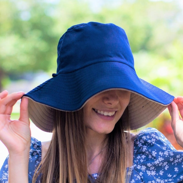 Reversible Wide Brim Bucket Hat for Woman Floppy Panama Everyday Hat 4 Seasons Large Sun Hat Brimmed Hat with Chin Strap Navy Blue