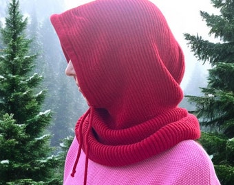 Merino Wool Knit Balaclava, Knitted Hood with Strings, Chunky Neck Warmer, Trendy Beige Cowl