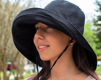 Black Summer Hat Wide Brim 5" Sun Hat Women Bucket Floppy 100% Cotton Hat Wide Brimmed Sunhat Elegant Vacation Honeymoon Gift for Her