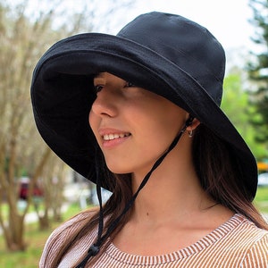 Black Summer Hat Wide Brim 5" Sun Hat Women Bucket Floppy 100% Cotton Hat Wide Brimmed Sunhat Elegant Vacation Honeymoon Gift for Her Black