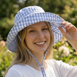 Womens Gingham Beach Hat with Bow - Packable Wide Brim Floppy Summer Sun Protection