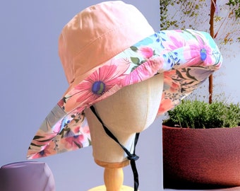 Chapeau à bord extra large pour femme Chapeaux d'été pour femme Chapeaux de soleil pour femme Réversible rose seau Floral coloré Chapeau élégant avec jugulaire Meilleur cadeau pour elle