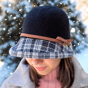 1920s Hats Winter Cloche Hat Wool Cap, Bucket Hat Women Beanie Hat with Checked Brim and Small Bow, Women Gift