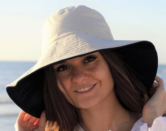 Women Bucket Hat, Reversible Bucket Hat for Women, Wide Brim Floppy Hat, 4 Seasons Sunshade Everyday Brimmed Hat in Beige & Black