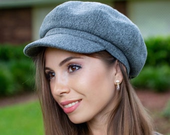 Womens Baker Boy Cap, Newsboy Newsie Paperboy Fiddler Cabbie Hat Flat Beret in Gray Tweed for Fall Winter Spring Season