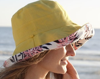 Floral Hats Ladies Wide Brim 5" Sun Hat Women Yellow Bucket Floppy 100% Cotton Hat Large Brimmed Sunhat Elegant Vacation Gift for Her