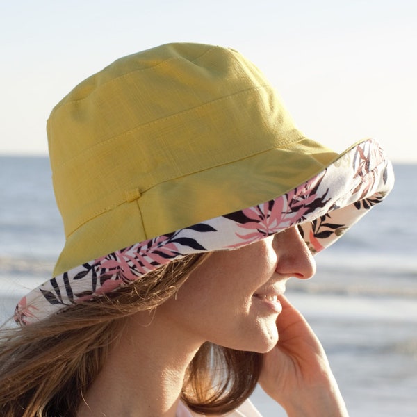 Floral Hats Ladies Wide Brim 5" Sun Hat Women Yellow Bucket Floppy 100% Cotton Hat Large Brimmed Sunhat Elegant Vacation Gift for Her