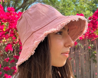 Pink Sun Hat Frayed Wide Brim Bucket Hat Summer Hat Women Beach 100% Cotton Hat Brimmed Sunhat Elegant Vacation Honeymoon Gift for Her