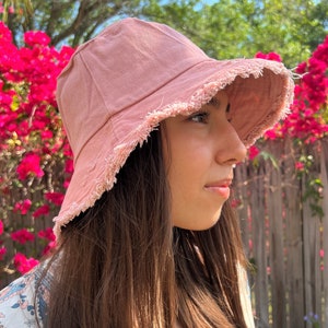 Pink Sun Hat Frayed Wide Brim Bucket Hat Summer Hat Women Beach 100% Cotton Hat Brimmed Sunhat Elegant Vacation Honeymoon Gift for Her