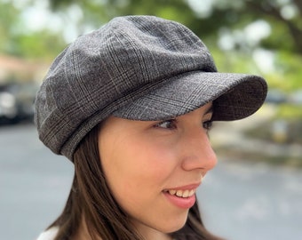 Summer Newsboy Cap Womens Baker Boy Hat, Cotton Newsboy Cap, Plaid Retro Hat, Octagonal Caps Black Newsboy Style Hat Womens Gift