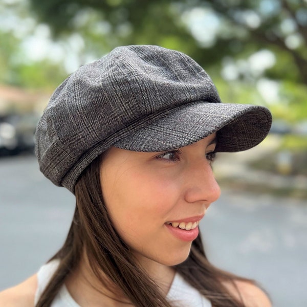 Summer Newsboy Cap Womens Baker Boy Hat, Cotton Newsboy Cap, Plaid Retro Hat, Octagonal Caps Black Newsboy Style Hat Womens Gift