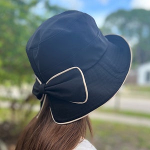 Womens Foldable 1920s Vintage Cloche Bucket Hat with Bowknot Lady Bowler Caps Feminine Sun Bonnet Hat with Chin Strap