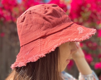 Red Sun Hat Frayed Wide Brim Bucket Hat Summer Hat Women Beach 100% Cotton Hat Brimmed Sunhat Elegant Vacation Honeymoon Gift for Her