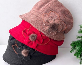 Womens Winter Adjustable Bucket Hat Wool Cloche Flower Fall Autumn Winter Hat Felt Hat Foldable Warm Fashion Minimalist Trendy Gift for Her