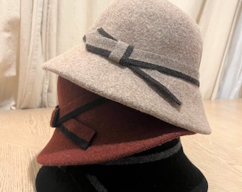 Handmade Foldable Wool Bucket Hat, Wool Bucket Hat for Women, Fall Winter Hat for Girl, Elegant Hat for Women, Adjustable Cloche Hat