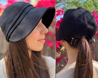 Adjustable Baseball Cap Ponytail Hat for Women, Sun Hat Wide Brim Women Pony Cap Summer Beach Foldable Hat 100% Cotton Gift for Her