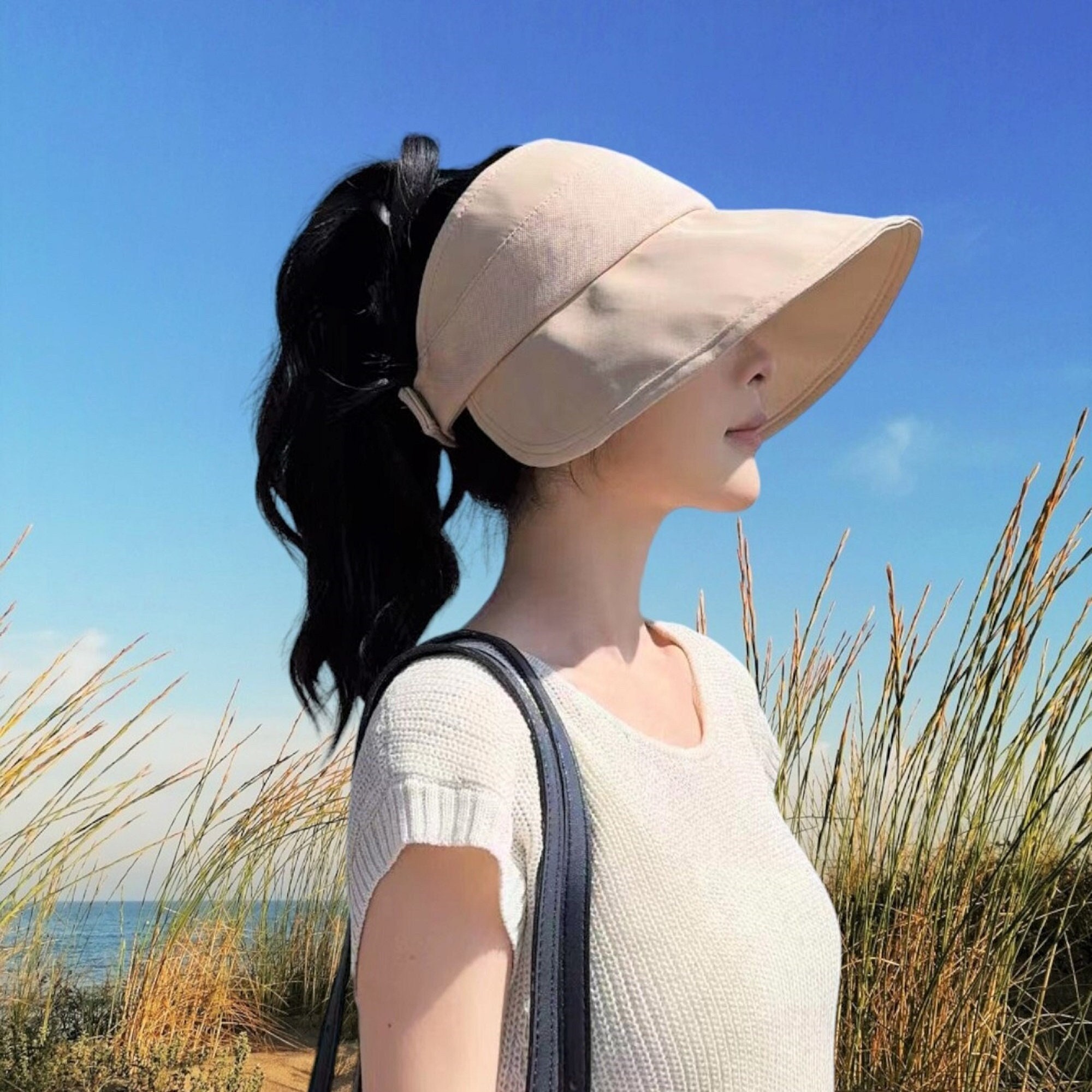 Outdoor Sun Protection Women's Wide Brim Sun Hat With Ponytail Hole - For Summer Foldable Beach Hat