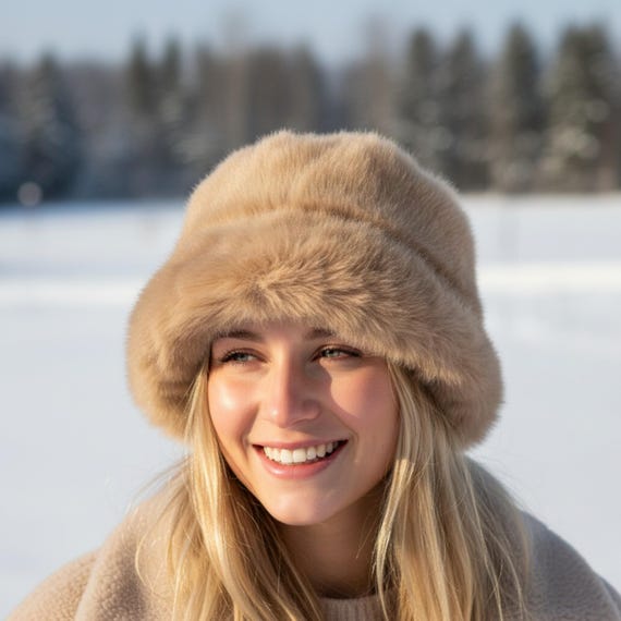 Extra Soft Plush Fluffy Faux Fur Bucket Hat for Women, Warm  display picture 2