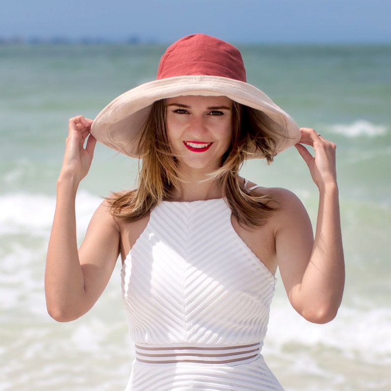 Wide Brim 5 Sun Hat Womens Bucket Floppy Beach 100% Cotton Wedding Hat Wide Brimmed Sunhat Elegant Vacation Honeymoon Gift for Her image 2