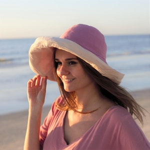 Wide Brim 5 Sun Hat Womens Bucket Floppy Beach 100% Cotton Wedding Hat Wide Brimmed Sunhat Elegant Vacation Honeymoon Gift for Her Pink
