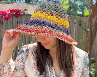 Womens Beach Hat Boho Straw Hat Rainbow Sun Hat Summer Beach  display picture 2