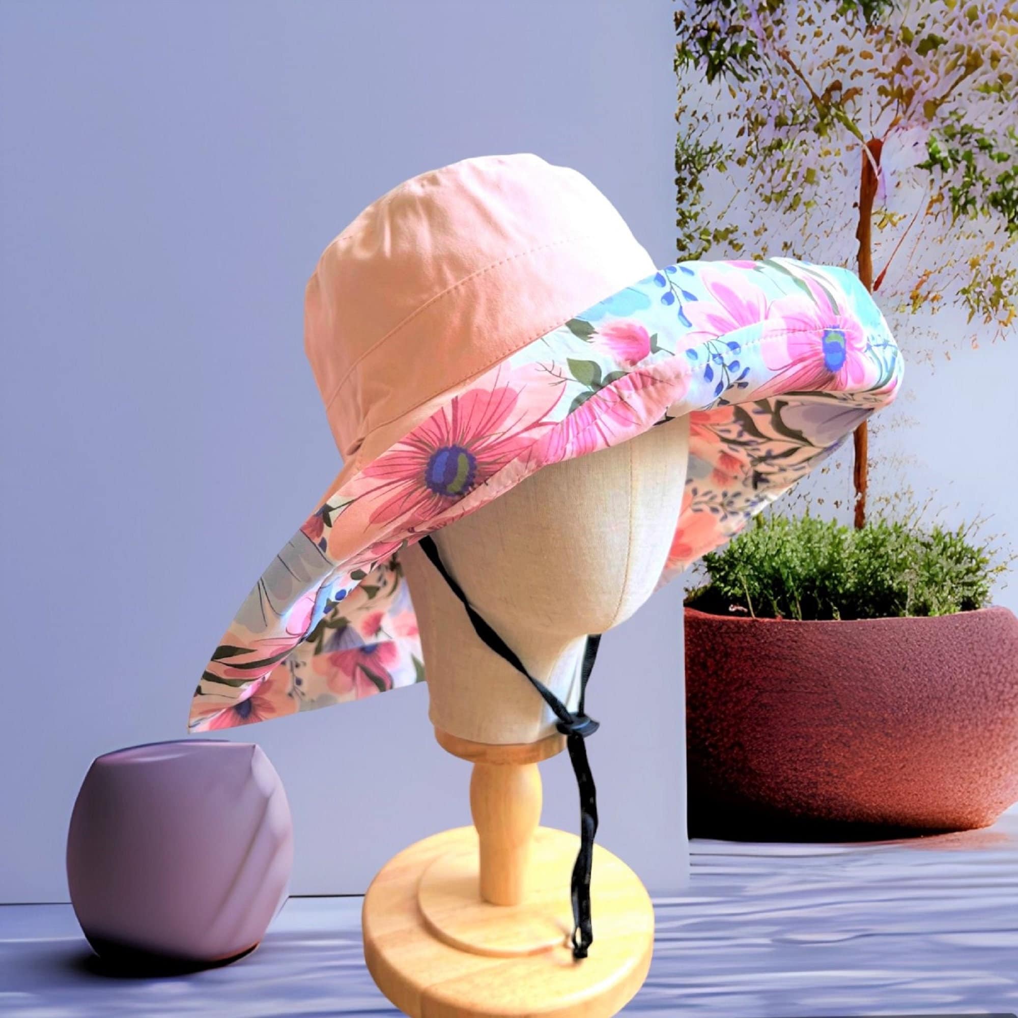 Extra Wide Brim Hat Women Summer Hats Ladies Sun Hats Women Reversible Pink Bucket Floral Colorful Stylish Hat Chin Strap Best Gift for Her